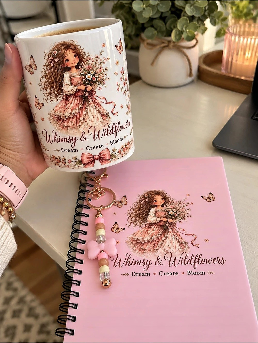 Whimsy & Wildflowers Mug Set in Pink & White and beaded charm